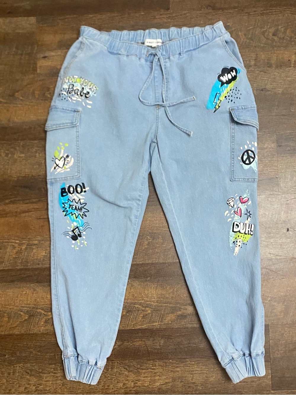 Almost Famous Blue Denim Graphic Print Jogger Pants Women's 1X Drawstring